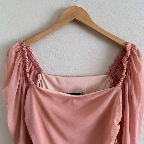 Missguided Pink Mesh Ruched Puff Sleeve Top Size 4 - Picture 2 of 6